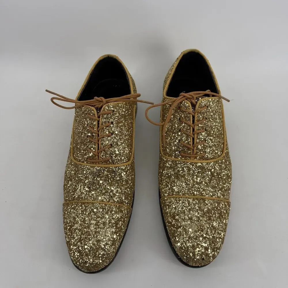 Amali Shoes Mens Size 9.5 Gold Glitter Cap Toe Dress Oxford Lawrence-035